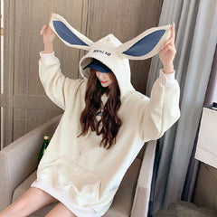 Sweet Cute Preppy Style Rabbit Ears Plus Velvet Thick Hoodies Women Long Sleeve Pullover Big Pocket Kawaii Sweatshirts for Girls