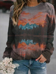 Popular women's landscape print long-sleeved T-shirt top