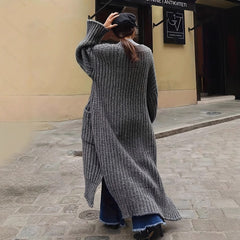 Women's Winter Extended Thick Thread Sweater Coat Loose Slit Knit Cardigan