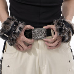 Character Horsehair Carving Double Dragon Metal Buckle Belt