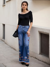 Ladies' High Waisted Slim Fit Bell Bottom Pants With Floral Embroidery Details, Lightweight And Comfortable Material - Breathable Elastic Denim Wide Leg Pants, The Best Choice For Elegant Fashion And