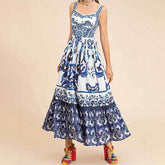 Printed Sleeveless Dress Fashion Temperament Spaghetti Waist-controlled Large Hem Dresses For Women