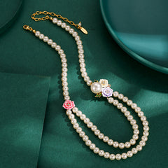Enamel Glaze Diamond Three-color Rose Flower Double-layer Pearl Necklace Female