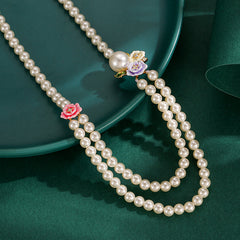 Enamel Glaze Diamond Three-color Rose Flower Double-layer Pearl Necklace Female