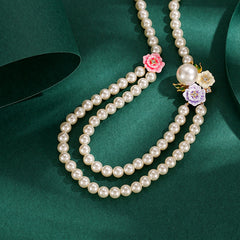 Enamel Glaze Diamond Three-color Rose Flower Double-layer Pearl Necklace Female