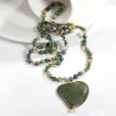 Natural Stone Glass Knotted Green Natural Stone Heart Pendant Necklace Sweater Chain