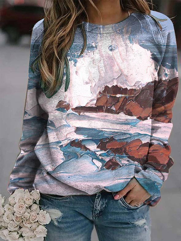 Popular women's landscape print long-sleeved T-shirt top