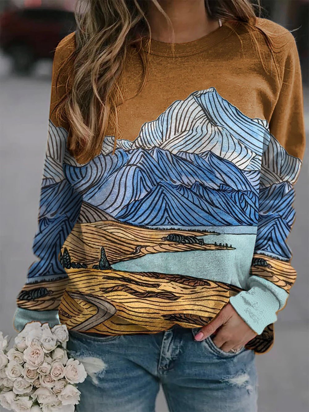 Popular women's landscape print long-sleeved T-shirt top