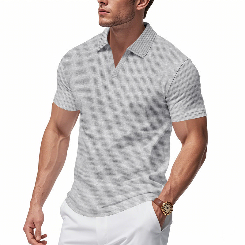 Summer Men's Loose Leisure Sports V-neck Waffle Short Sleeve Lapel Polo Shirt Men