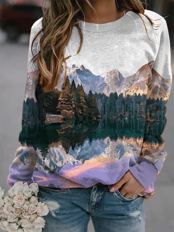 Popular women's landscape print long-sleeved T-shirt top