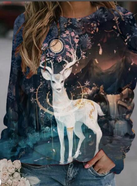 Popular women's landscape print long-sleeved T-shirt top