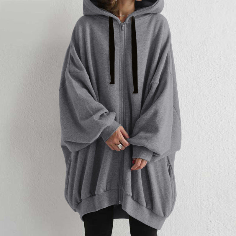 Women's Solid Color European And American Loose Sweater Fashion Hooded Zipper