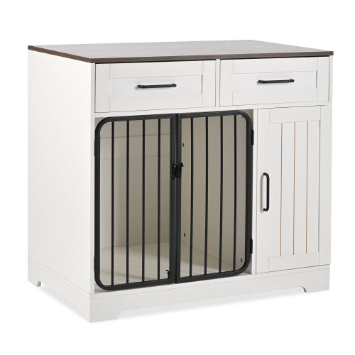 GO 37.4 Dog Crate Furniture, Indoor Dog Kennel With 2 Drawers And Storage Cabinet, Modern Furniture Dog Crate Side End Table For Small Medium Dogs, White
