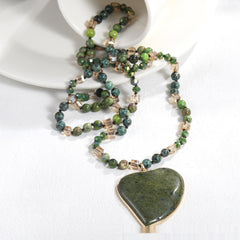 Natural Stone Glass Knotted Green Natural Stone Heart Pendant Necklace Sweater Chain