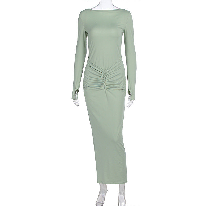 Slim-fit Pleated Solid Color Round-neck Long-sleeved Dress