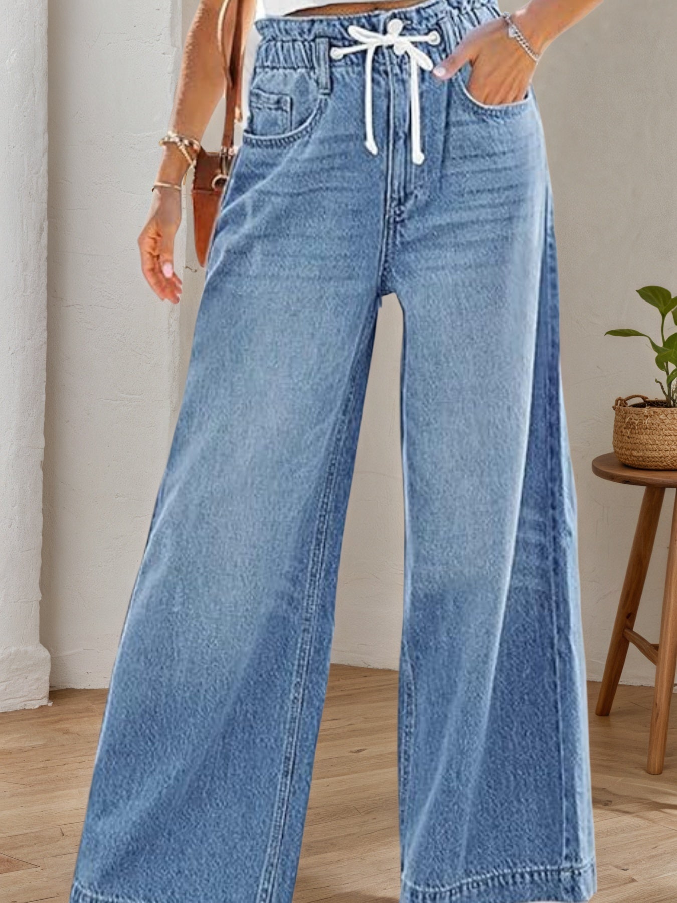 2025 New Women's Wide Leg Jeans Elastic High Waist Elastic Waist Bellbottom Pants Loose Y2K Pants