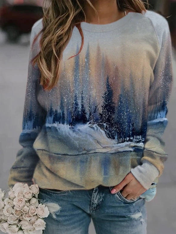 Popular women's landscape print long-sleeved T-shirt top