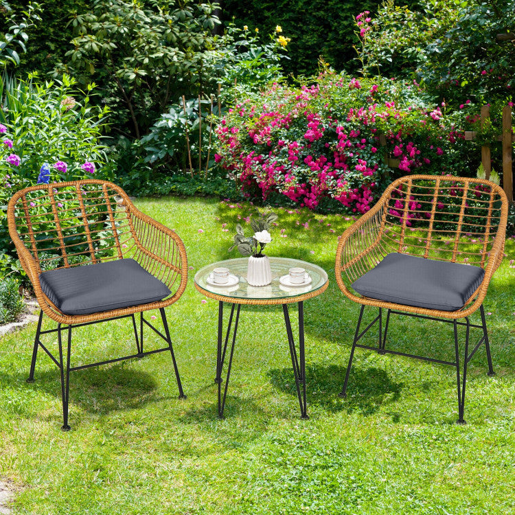 3 Pieces Rattan Furniture Set With Cushioned Chair Table