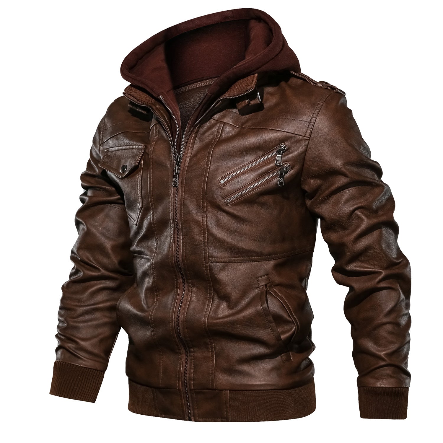 Men's Leather Jackets, Faux Leather Jacket For Men Lapel Zip-Up Slim Fit Coat