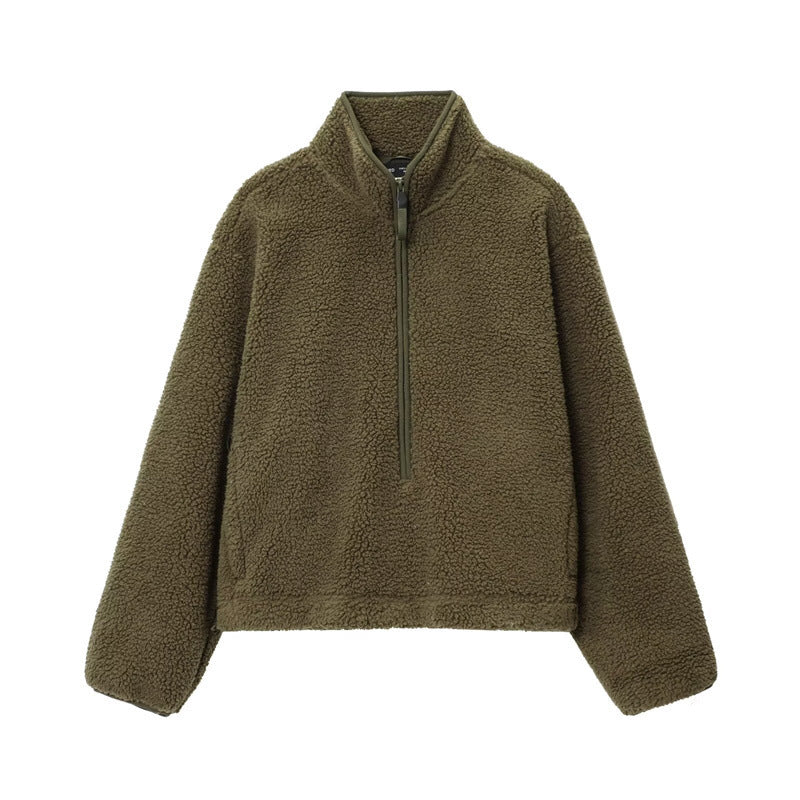 Female Solid Color Versatile Zipper Teddy Plush Sports Top