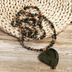 Natural Stone Glass Knotted Green Natural Stone Heart Pendant Necklace Sweater Chain