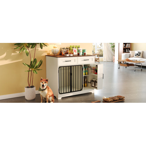 GO 37.4 Dog Crate Furniture, Indoor Dog Kennel With 2 Drawers And Storage Cabinet, Modern Furniture Dog Crate Side End Table For Small Medium Dogs, White