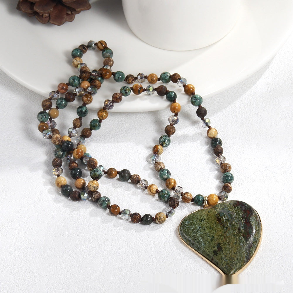 Natural Stone Glass Knotted Green Natural Stone Heart Pendant Necklace Sweater Chain