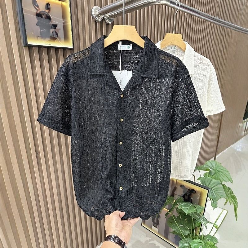 Summer Short Sleeved Shirt Hollow Knitted Men's Loose Trendy Brand