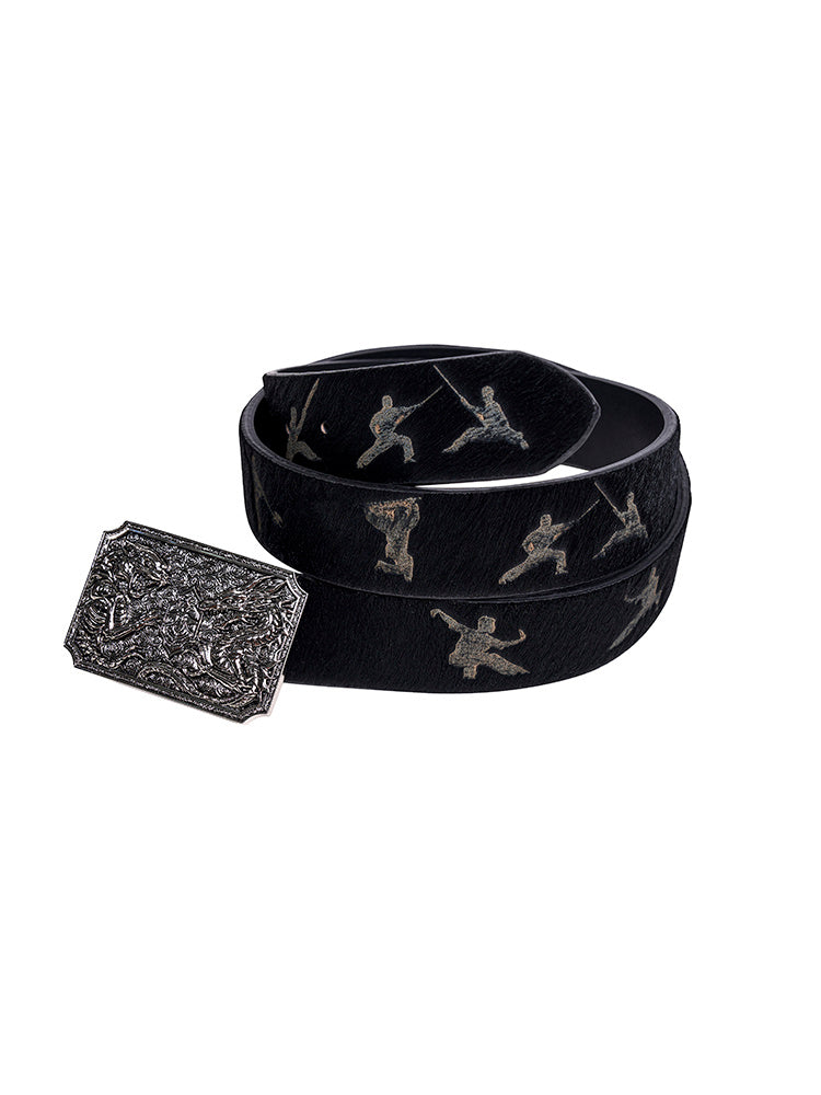 Character Horsehair Carving Double Dragon Metal Buckle Belt