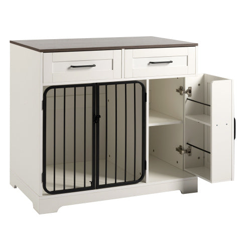 GO 37.4 Dog Crate Furniture, Indoor Dog Kennel With 2 Drawers And Storage Cabinet, Modern Furniture Dog Crate Side End Table For Small Medium Dogs, White