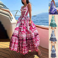 Printed Sleeveless Dress Fashion Temperament Spaghetti Waist-controlled Large Hem Dresses For Women
