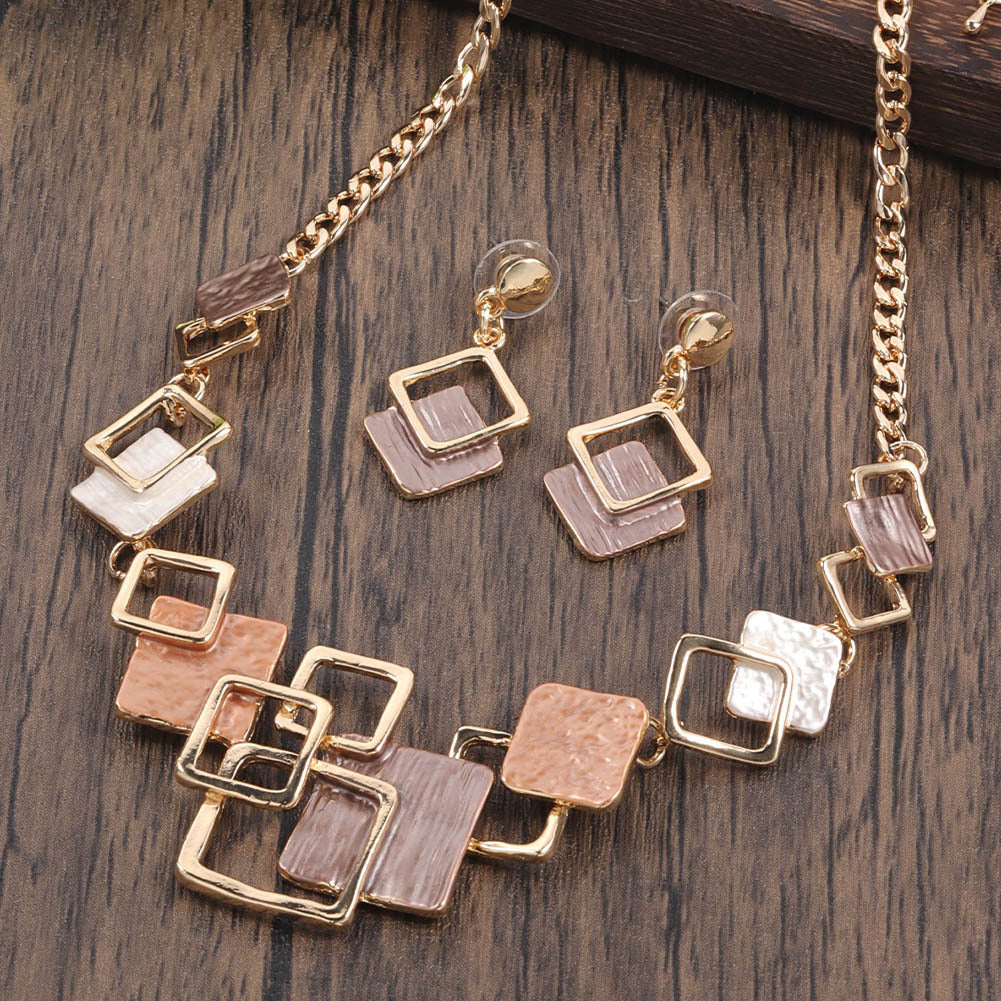 Necklace And Earrings Kit Zinc Alloy Geometric Square Color Oil Necklace Hollow Female