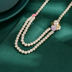 Enamel Glaze Diamond Three-color Rose Flower Double-layer Pearl Necklace Female