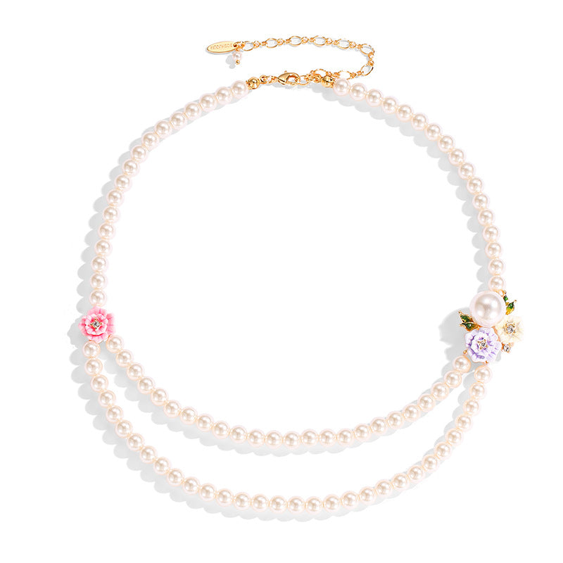 Enamel Glaze Diamond Three-color Rose Flower Double-layer Pearl Necklace Female