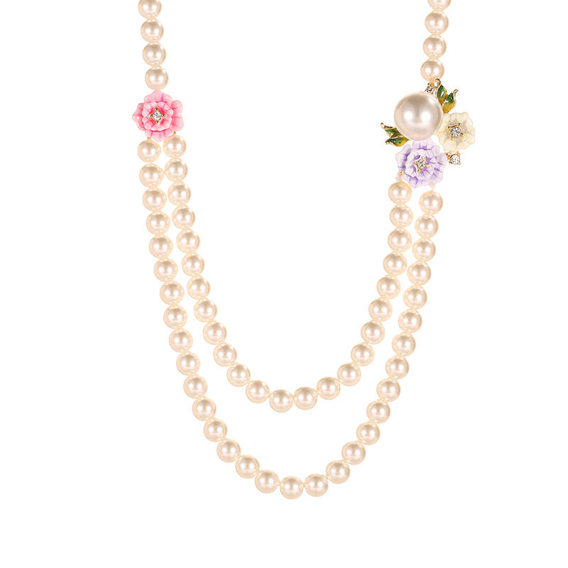 Enamel Glaze Diamond Three-color Rose Flower Double-layer Pearl Necklace Female