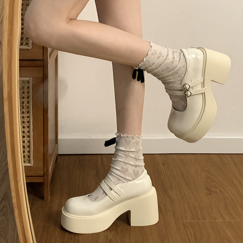 Thick Bottom Round Toe Leather Shoes Women's All-match