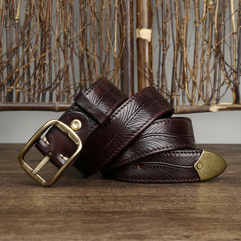 3.8CM Wide Thick Double-sided Cowhide Brass Buckle Belt