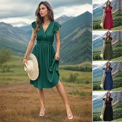 Simple Elegant V-neck High Waist Pleated Dress