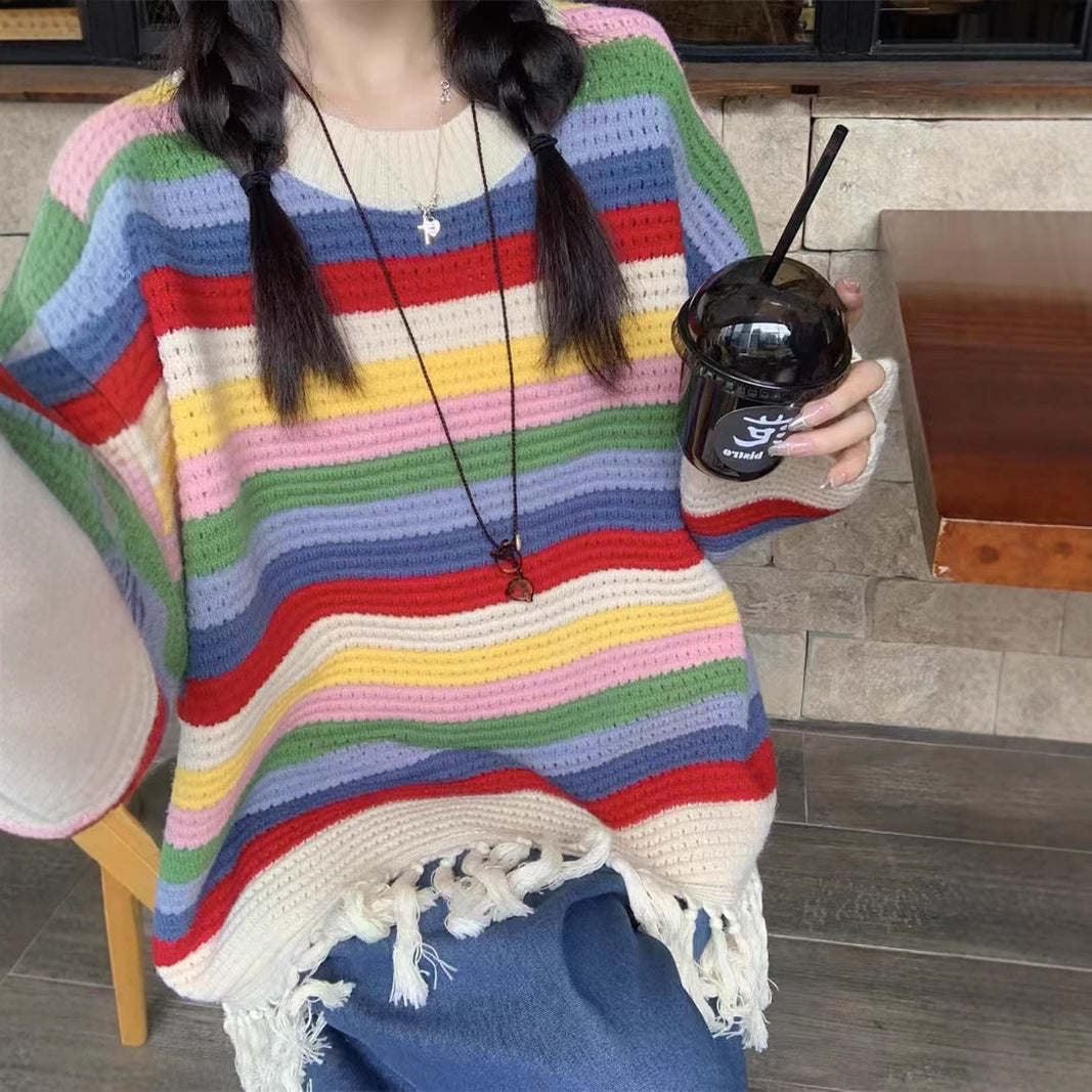 Rainbow Striped Tassel Hollow Out Sweater