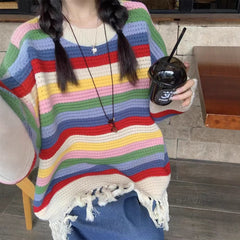 Rainbow Striped Tassel Hollow Out Sweater