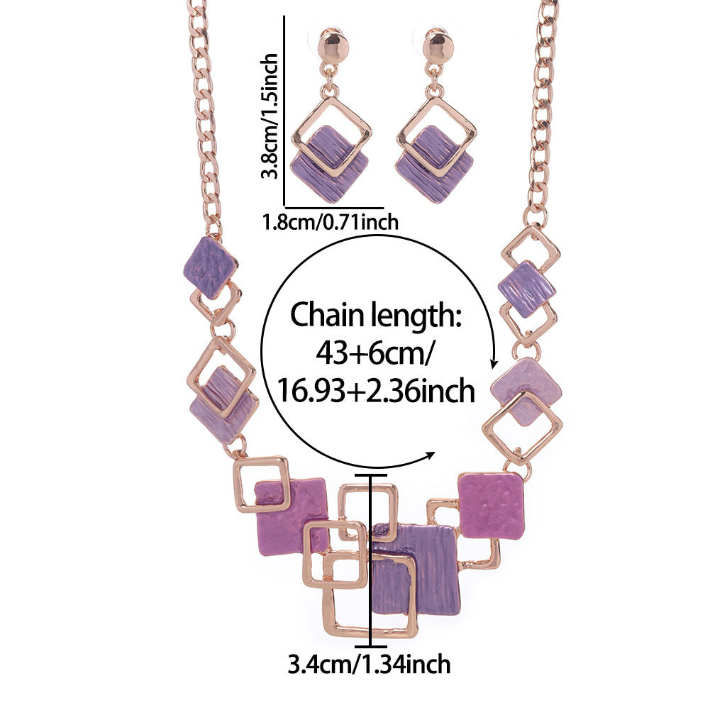 Necklace And Earrings Kit Zinc Alloy Geometric Square Color Oil Necklace Hollow Female