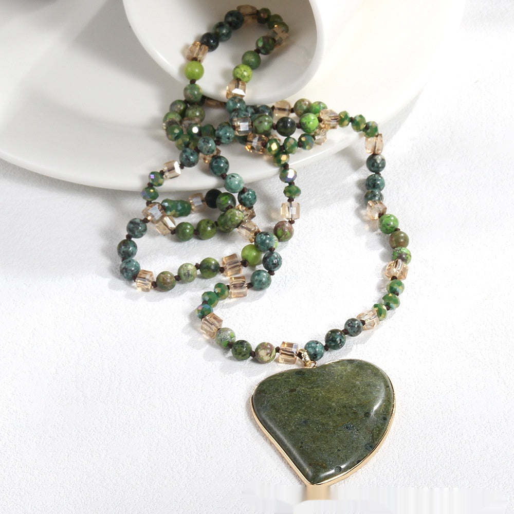 Natural Stone Glass Knotted Green Natural Stone Heart Pendant Necklace Sweater Chain