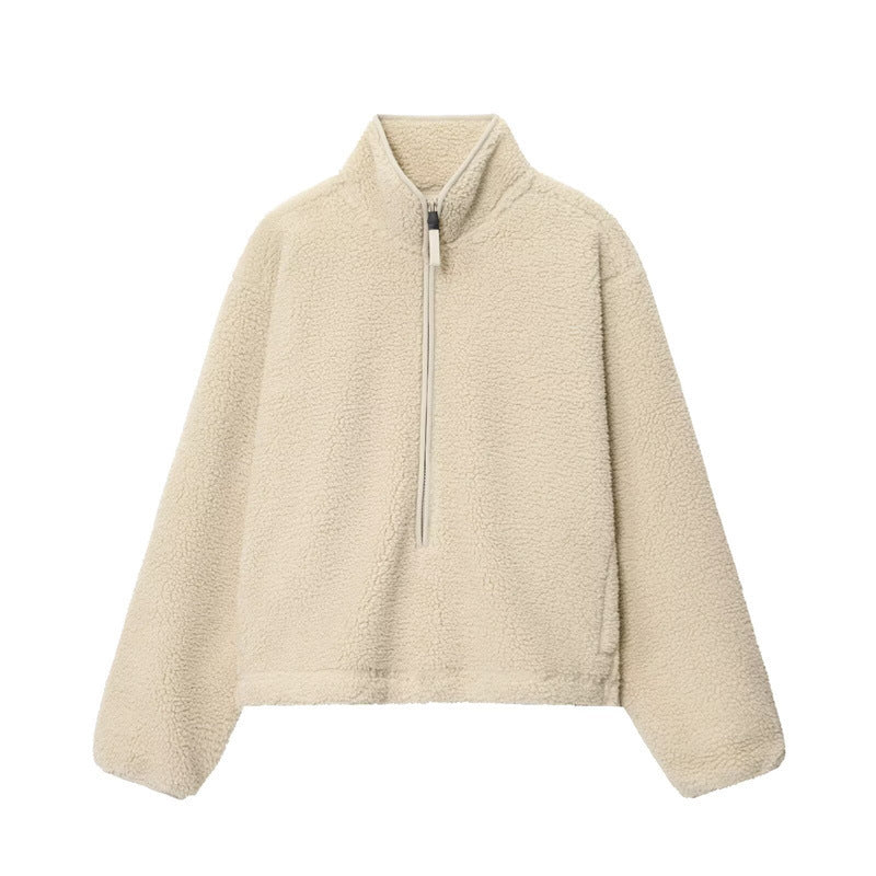 Female Solid Color Versatile Zipper Teddy Plush Sports Top