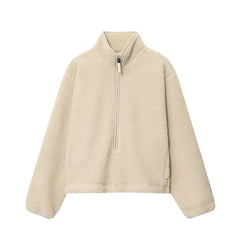 Female Solid Color Versatile Zipper Teddy Plush Sports Top