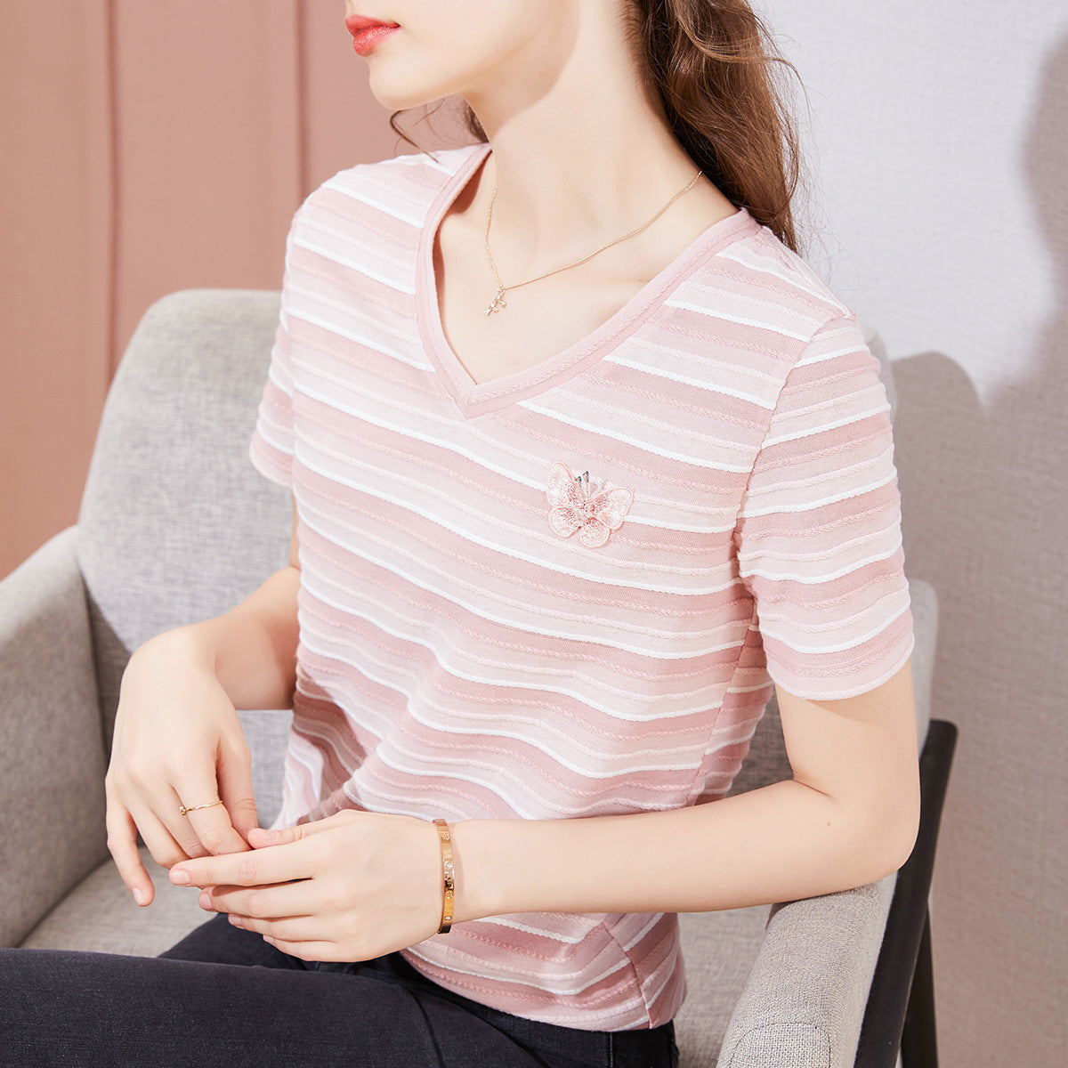 Striped T-shirt Round Neck Butterfly Embroidered Short Sleeve T-Shirt Women Women