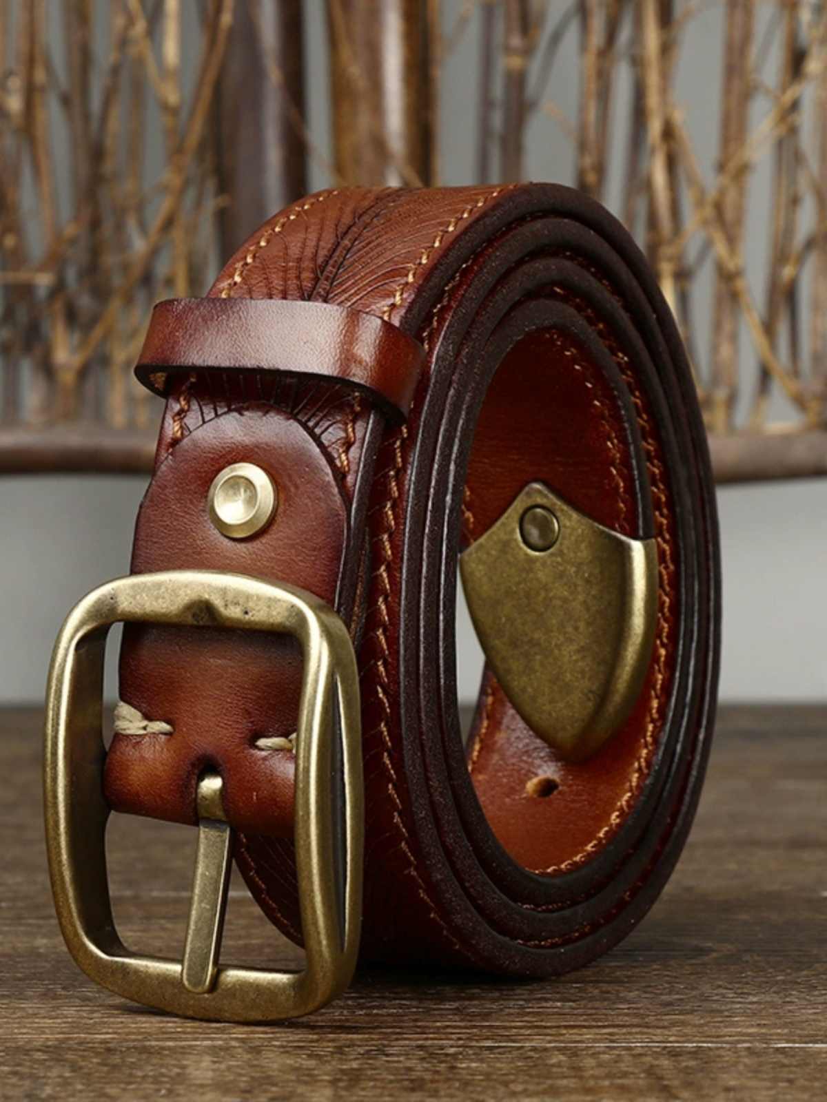 3.8CM Wide Thick Double-sided Cowhide Brass Buckle Belt