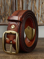 3.8CM Wide Thick Double-sided Cowhide Brass Buckle Belt